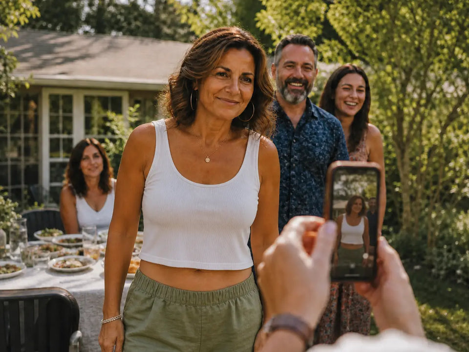 A midlife woman confidently stepping into a family photo